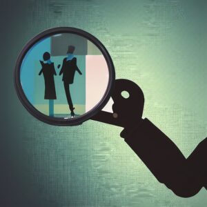 An image of somone holding a magnifying glass and looking at two people, symbolizing the process of defining and reaching your target audience.