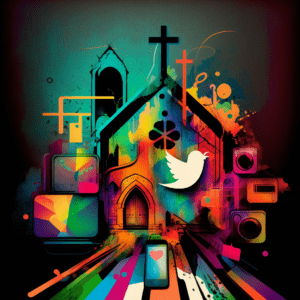 Colorful abstract image with a church and social media elements, promoting church social media campaign ideas