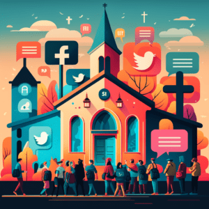 A group of people in front of a church building with social media icons floating around, representing social media strategies for churches.