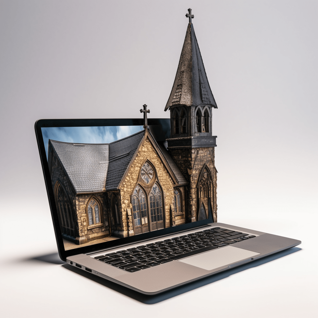 Illustration of a church growing out of a laptop screen symbolizing church SEO.