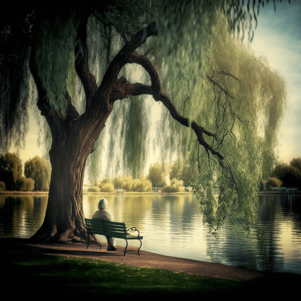 a person sitting on a bench under a willow tree by a tranquil lake, Christian leadership devotional, Epic Life Creative.