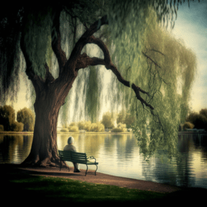 a person sitting on a bench under a willow tree by a tranquil lake, Christian leadership devotional, Epic Life Creative.