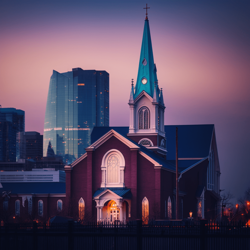 a church building with a city skyline in the backgound, branding, epic life creative