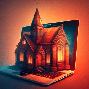 An image depicting a church rising out of a laptop, representing church website seo (search engine optimization), Epic Life Creative