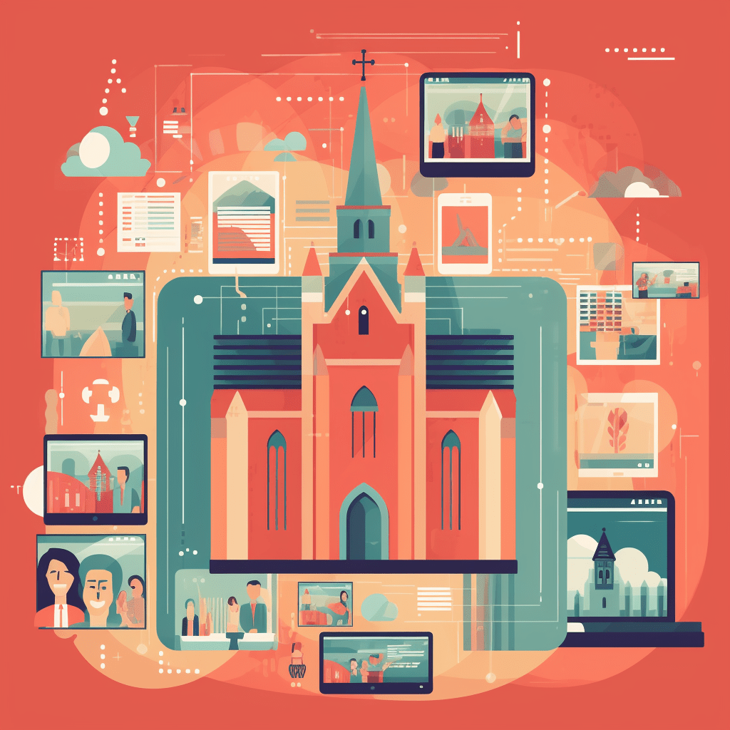 digital illustration featuring a modern church building and various icons representing the internet, blogging, email, and other online church content ideas.