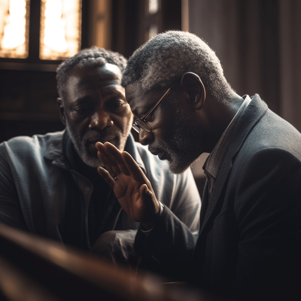 Pastor demonstrating compassionate Christian leadership while comforting church member
