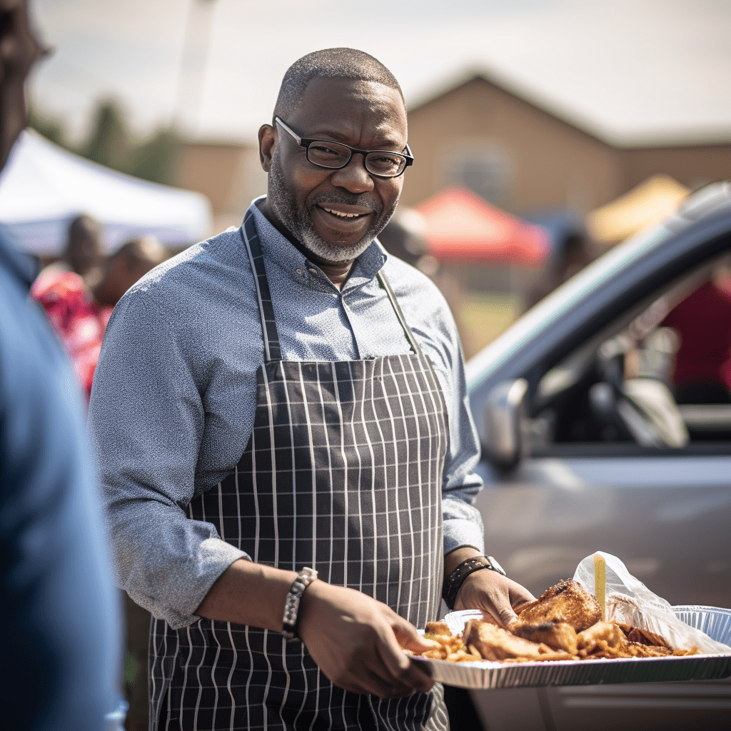 Photo of a pastor serving food at a community event, emphasizing the importance of a life of servant leadership in Christian ministry