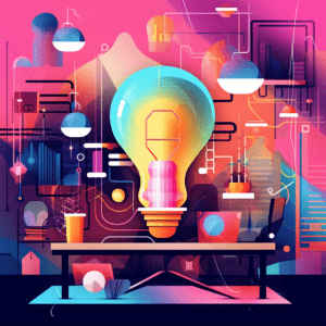 A light bulb made of colorful geometric shapes symbolizing creative design in business, set against a modern office backdrop