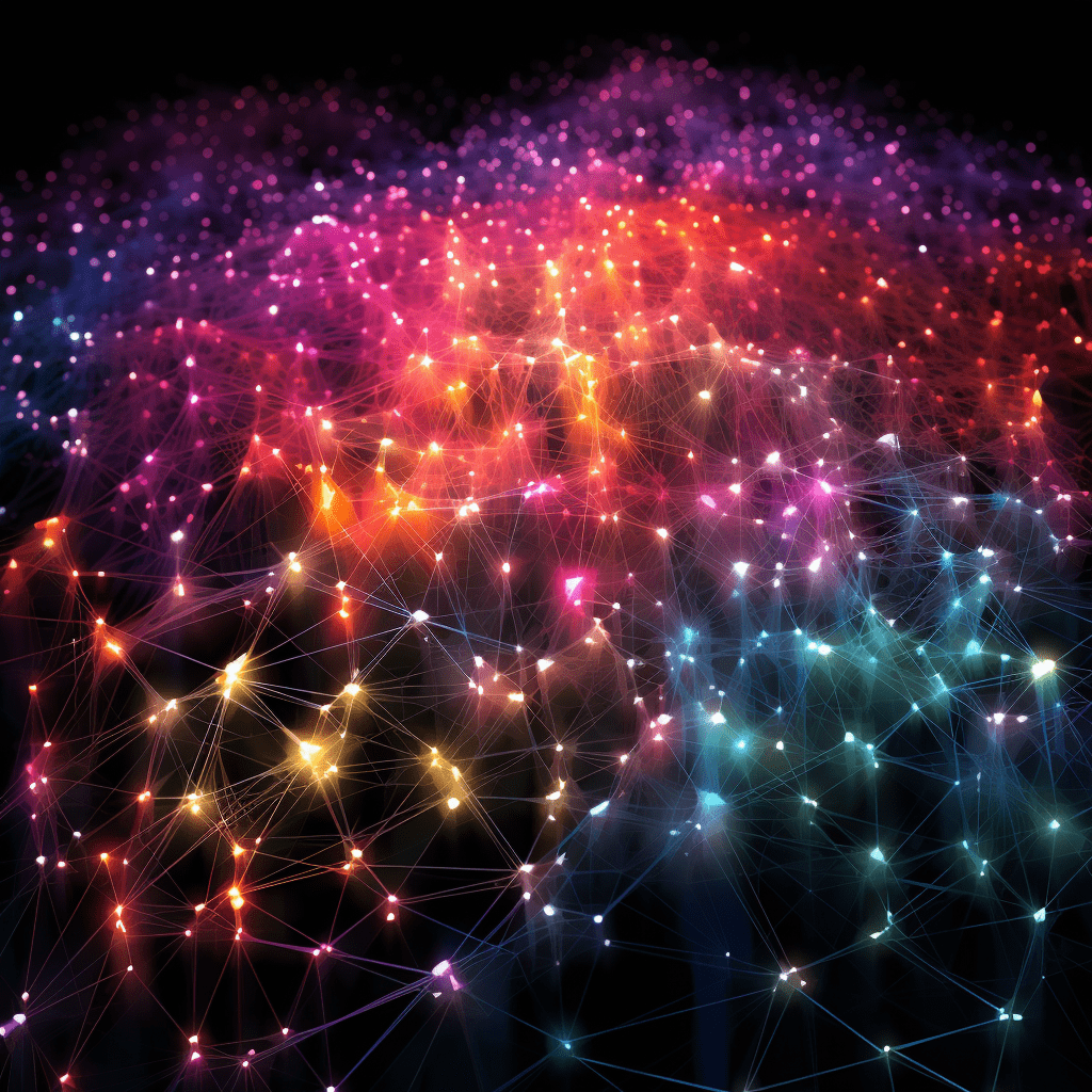 A vibrant network of interconnected nodes symbolizing generative AI in nonprofit marketing