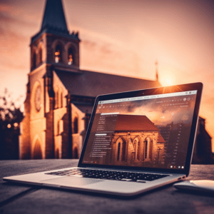 A church during sunrise with a laptop in the foreground displaying the church's website, representing the importance of Church SEO services.
