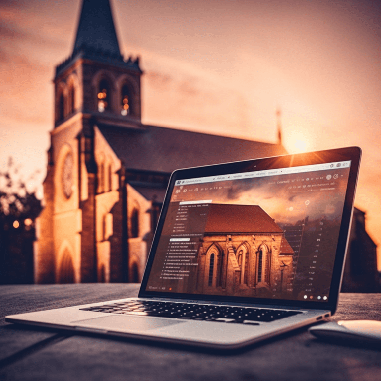 A church during sunrise with a laptop in the foreground displaying the church's website, representing the importance of Church SEO services.