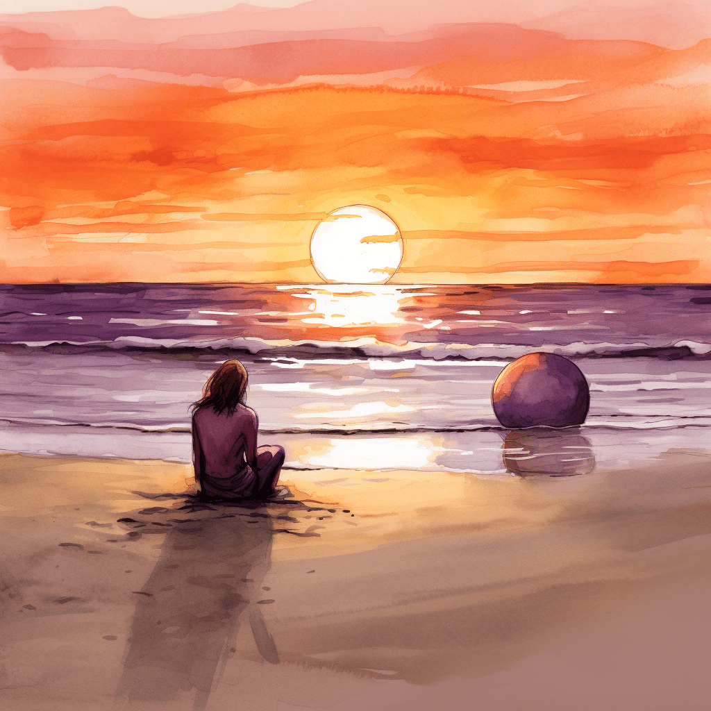 Person writing in a journal on a beach during sunset, with a deflated beach ball nearby, symbolizing the journey of processing pain and loss.