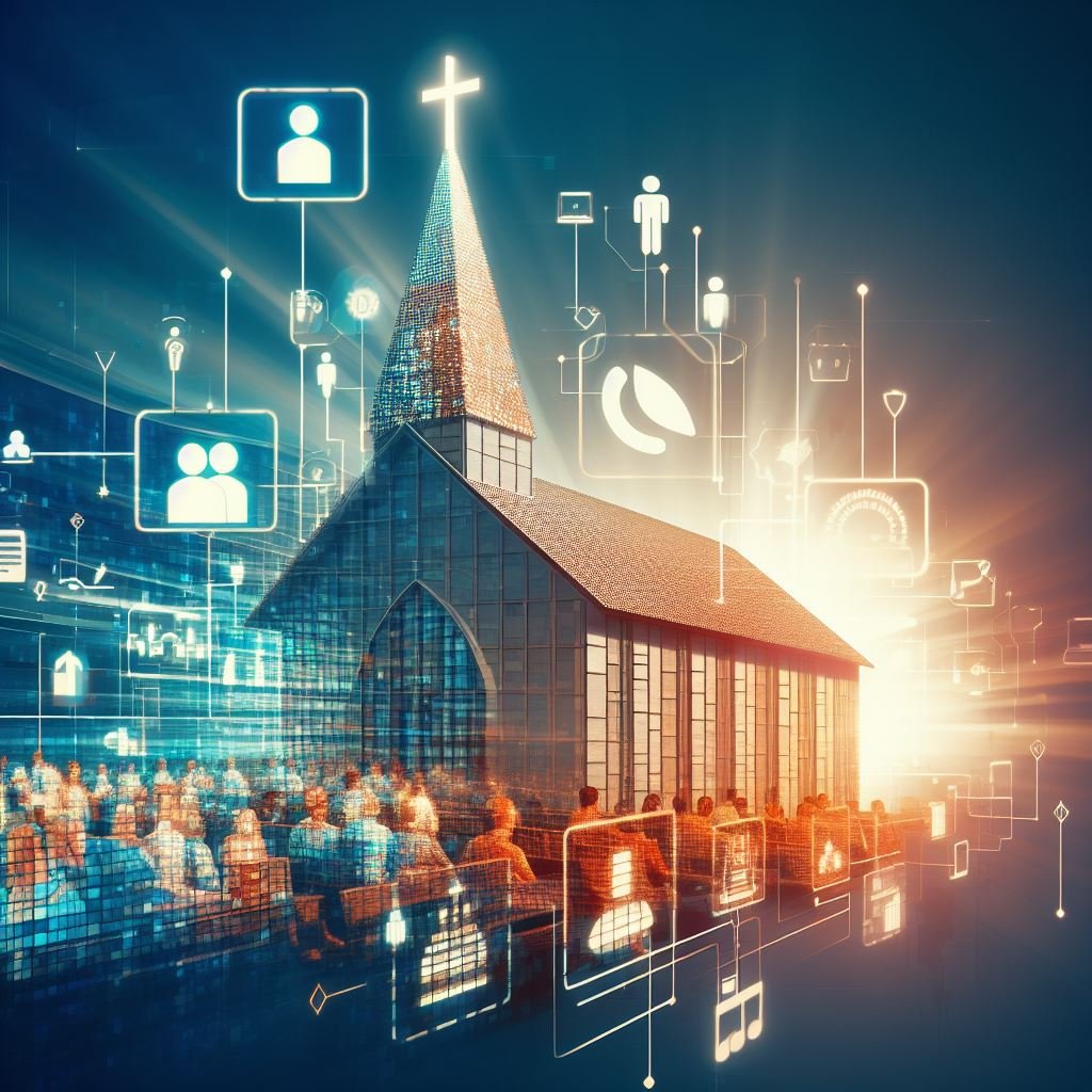 Church transforming into digital pixels, illuminating a connected online community, symbolizing a vibrant Church Online Presence.