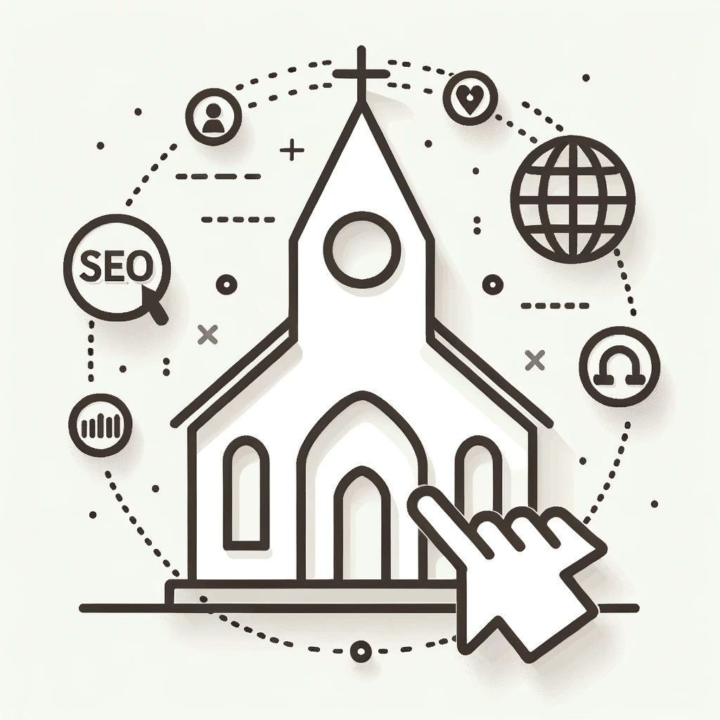 A vector design of a modern church outline with relevant digital marketing icons, representing Epic Life Creative's expertise in digital marketing for churches.