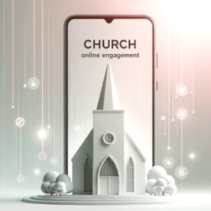 Illustration of a contemporary church with a smartphone displaying 'Church Online Engagement'