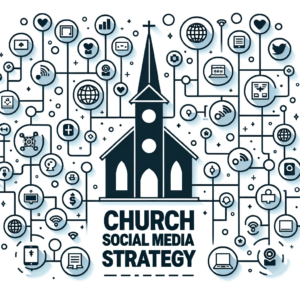Vector illustration of a church silhouette connected to social media platform icons, highlighting church social media strategy.