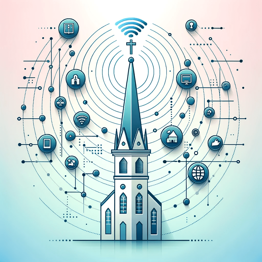 Vector illustration of a church spire emitting digital signals intertwined with communication icons, showcasing church digital communication.