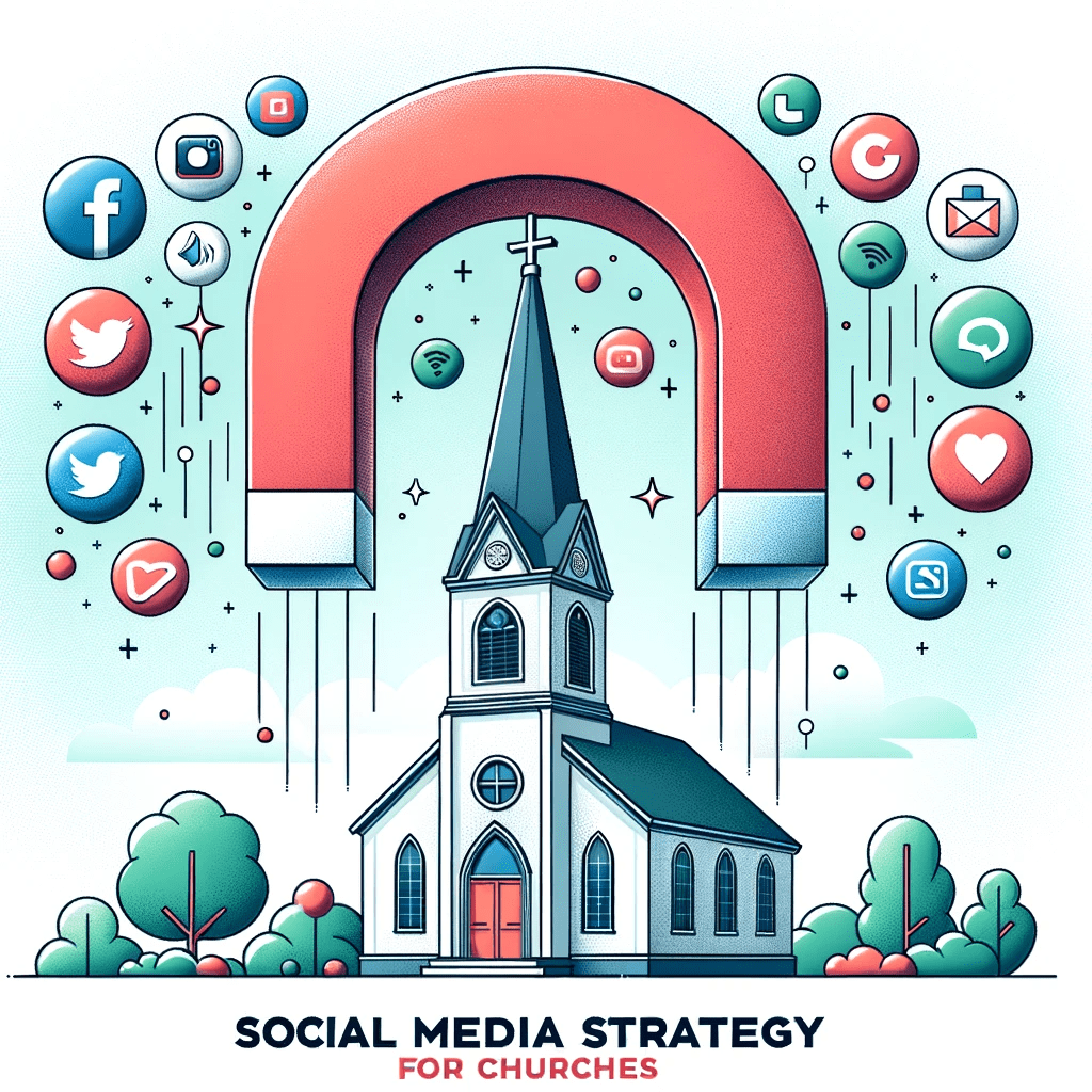 Illustration of a church steeple and magnet, drawing in social media icons, representing a focused social media strategy for churches.