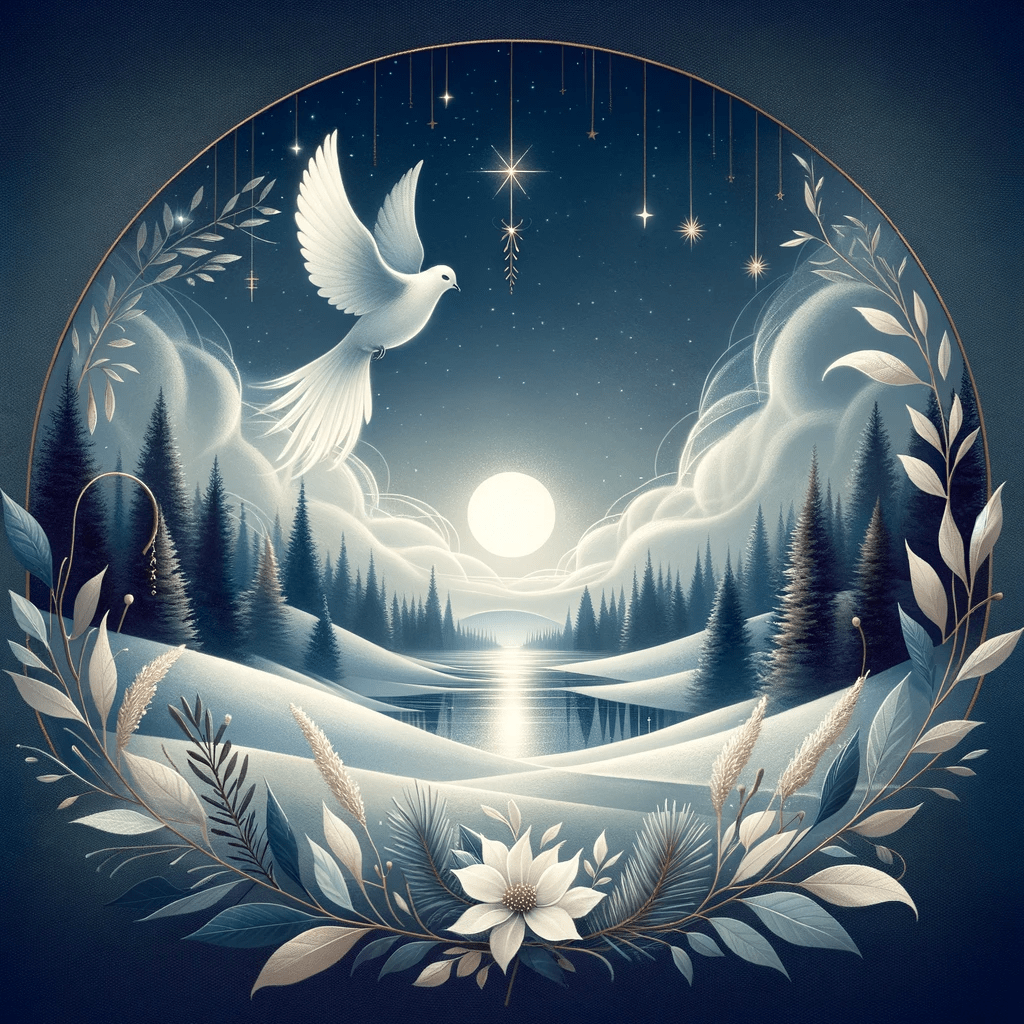 Tranquil image symbolizing peace for 2023 Advent, featuring a dove, an olive branch, and a serene winter landscape