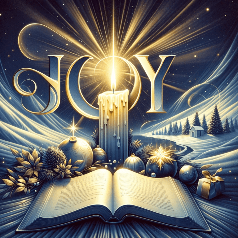 Serene image depicting the deep spiritual joy of Advent devotions 2023, with a lit candle, an open book, and a peaceful winter landscape