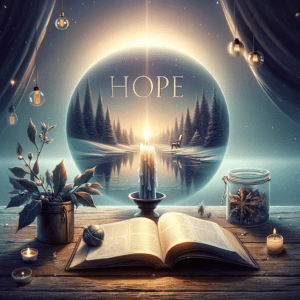 Serene image depicting the essence of hope for Advent 2023, with a lit candle, open Bible, and tranquil winter landscape