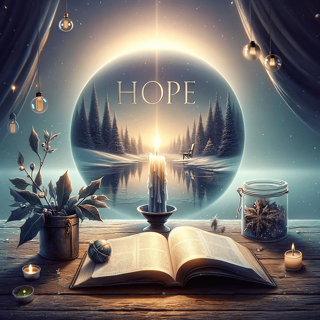 Serene image depicting the essence of hope for Advent 2023, with a lit candle, open Bible, and tranquil winter landscape
