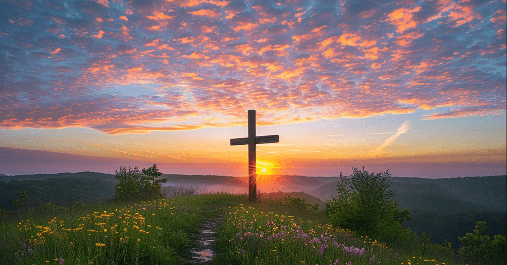 Wooden cross standing on a hill with the sun rising behind it, early morning dew on green grass and wildflowers.