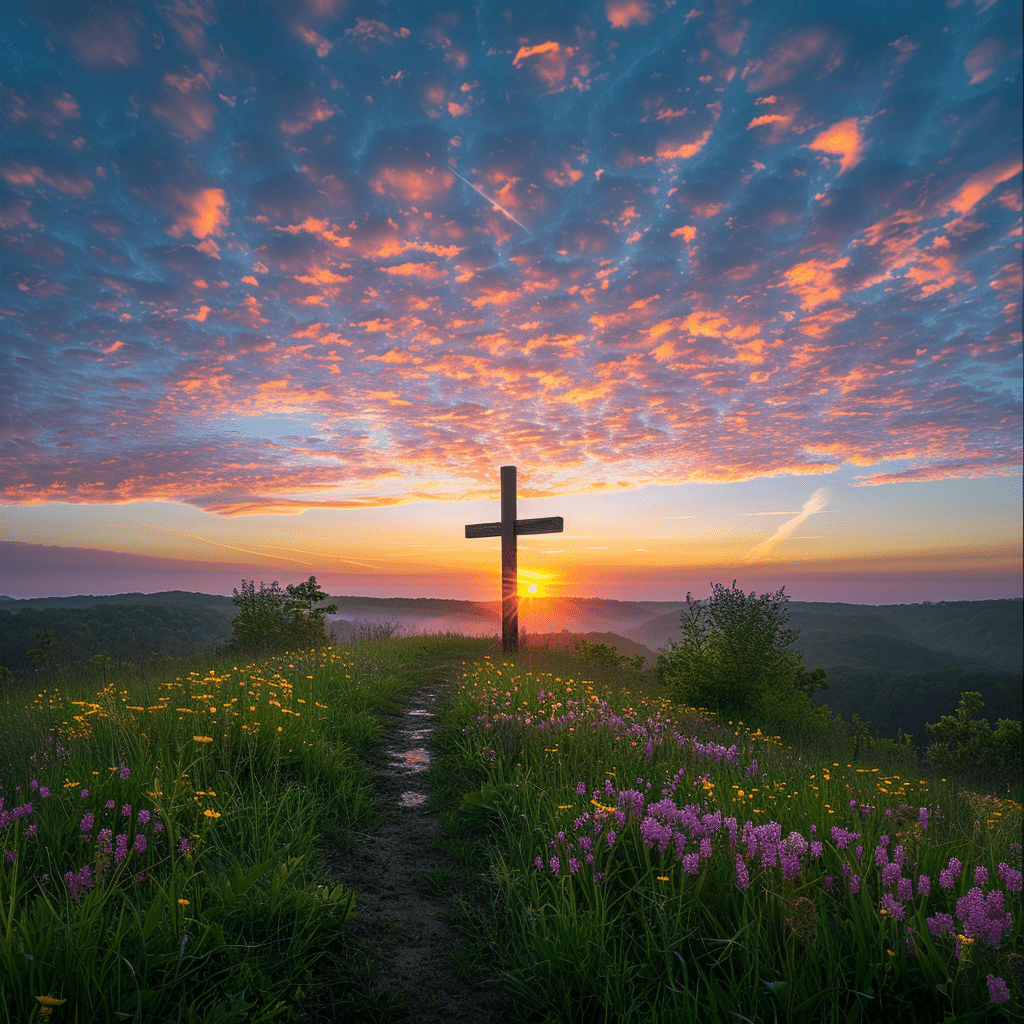 Wooden cross standing on a hill with the sun rising behind it, early morning dew on green grass and wildflowers.