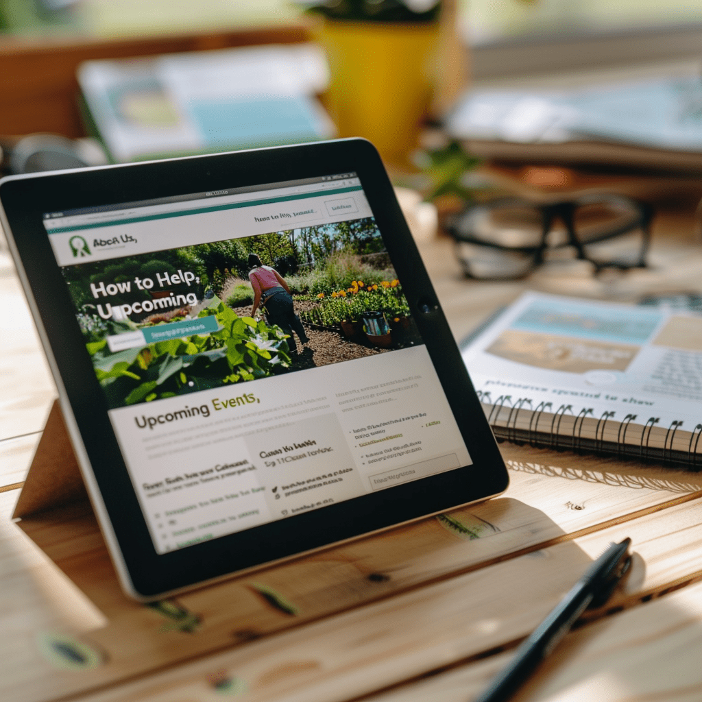 Non profit web design displayed on a modern tablet with volunteers in a community garden