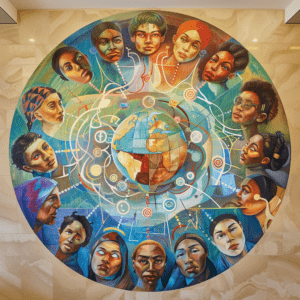 mural of diverse faces and social media symbols representing social media marketing for nonprofits