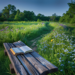 Open Bible on a wooden bench in a lush meadow, symbolizing spiritual renewal in spring.