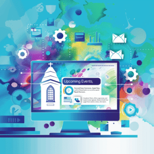 Vector illustration of a modern computer monitor and digital tablet displaying digital design elements for church web development services.